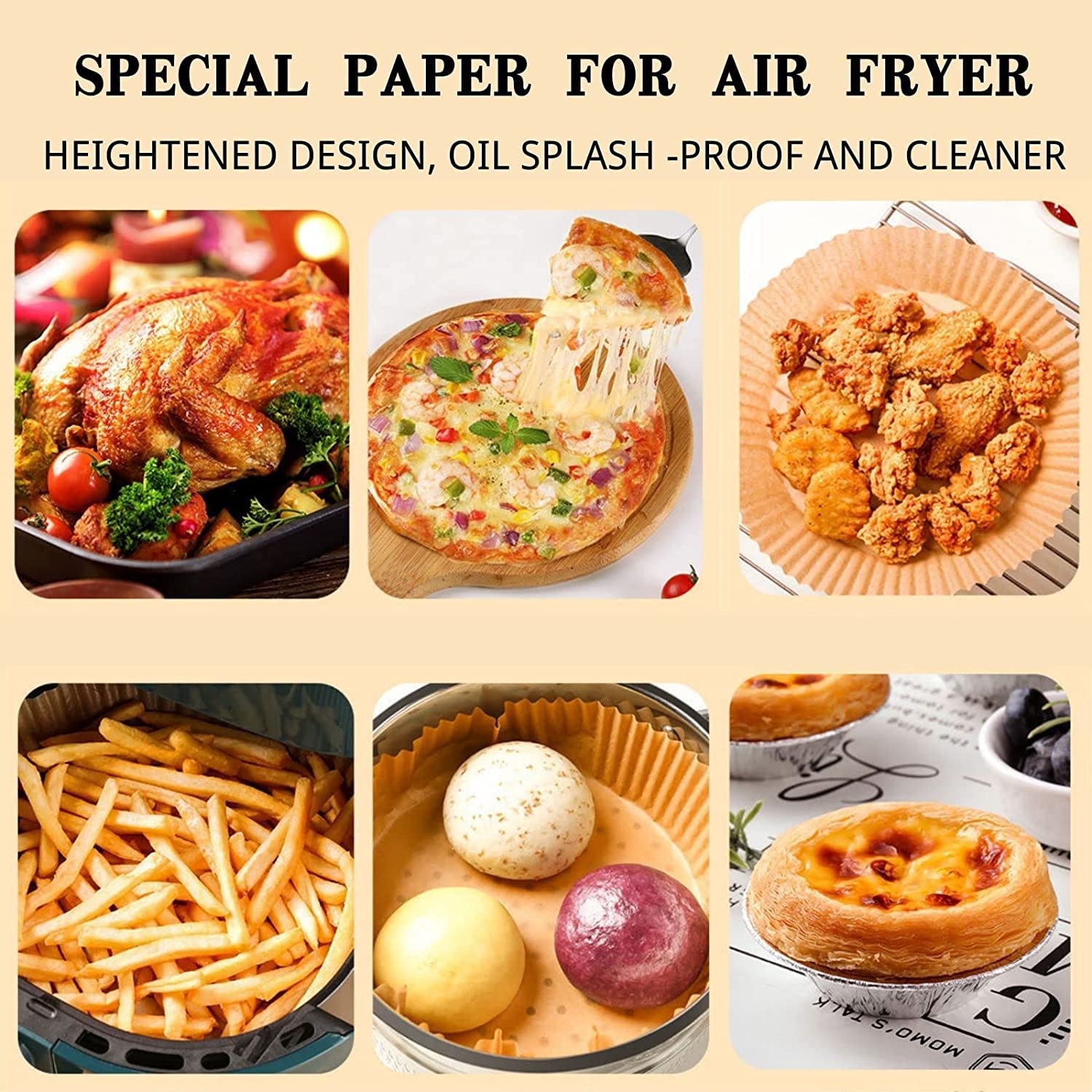 Round-shaped Air Fryer Paper Liners designed to fit most fryers and pans
