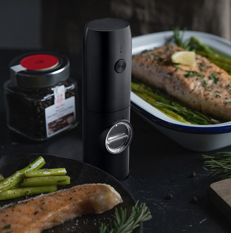 Side view of Electric Salt and Pepper Grinder rechargeable and portable kitchen tool