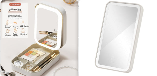 Lighted Makeup Mirror with Storage in lifestyle setting on dressing table