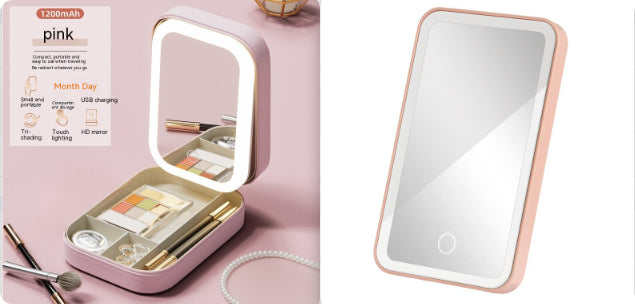 Lighted Makeup Mirror with Storage showing built-in storage compartment for cosmetics