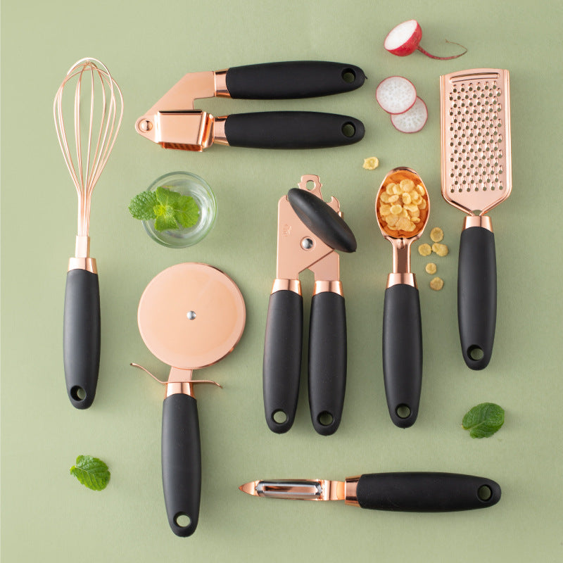 Black Rose Gold Kitchen Tool Set close up showing cutlery rack