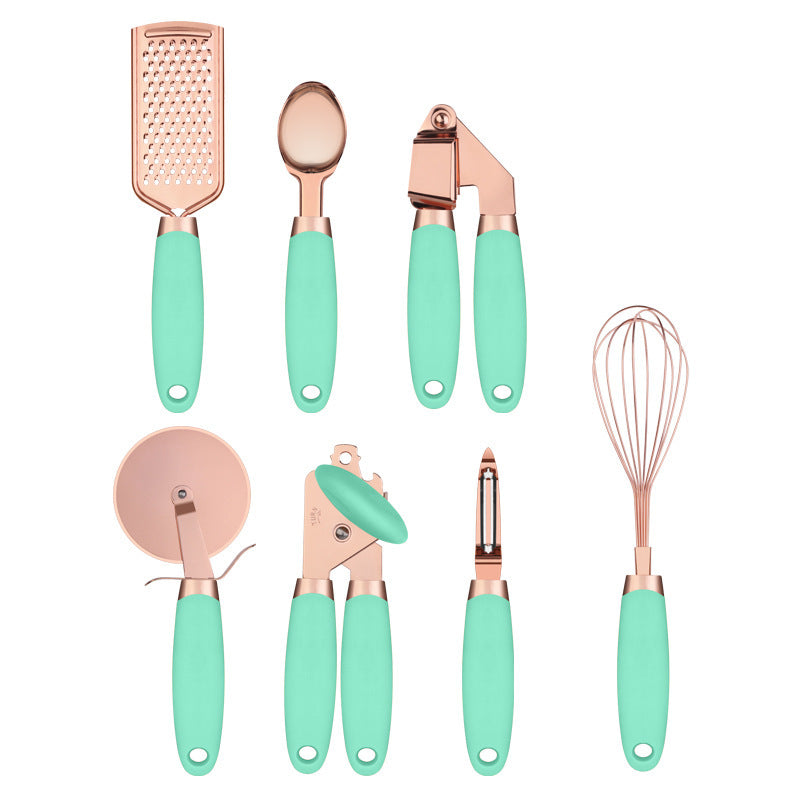 Rose Gold Kitchen Tool Set displayed neatly on kitchen counter